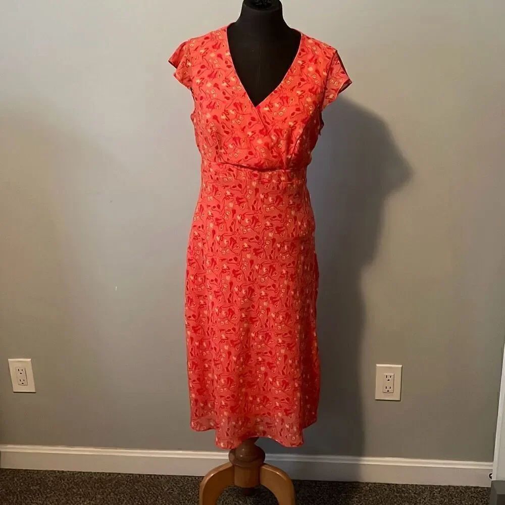 Ombre Womens Floral Ruffle Surplice Shift Midi Dress Orange Size 10